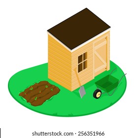 Garden shed with spade, wheelbarrow and seeds growing. Isometric Garden Shed with tools. Garden Shed.