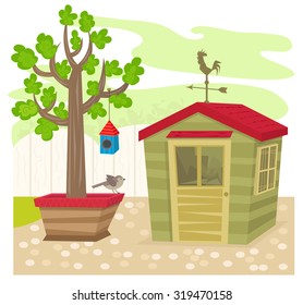 Garden With Shed - Garden shed with a weather vane on top, next to a tree with birdhouse and a bird. Eps10