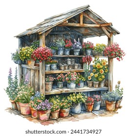 garden shelter and flowers vector illustration in watercolour style