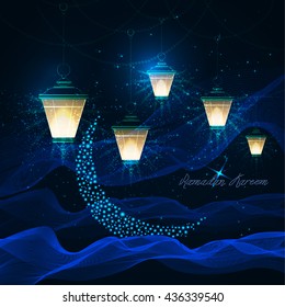 Garden shiny lanterns and large moon - symbol of islam lightened at night sky with stars and flashes on waves.For Ramadan Kareem,Eid Mubarak, muslim holiday greetings cards, invitations, web backdrops