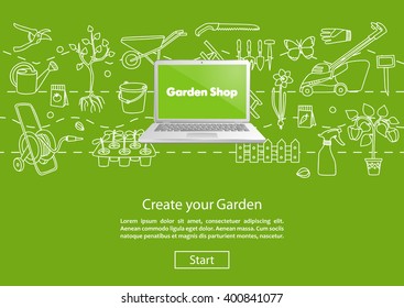 Garden shop.  Concept website template. Modern outline design. Online garden shopping. Garden elements