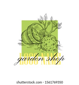 Garden shop logo in engraving vintage style. Stock label with little tree near a flowerpot. Isolated on white.