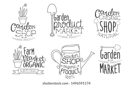 Garden Shop Organic Product Hand Drawn Badges Set, Natural Farm Organic Market Monochrome Vector Illustration