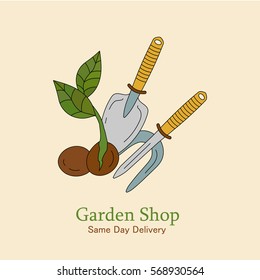 Garden shop vector logo. Sprout and garden tools