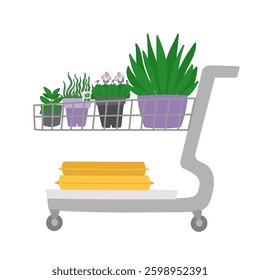 Garden shopping in supermarket cart in flat cartoon design. Pansy flower and plants in pots, soil mix packages at trolley. Gardening and horticulture items in market or store. Vector illustration