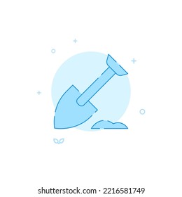 Pala de jardín, icono vectorial de camas de excavación. Ilustración plana. Estilo de línea relleno. Diseño monocromo azul. Trazo editable. Ajustar el peso de la línea.