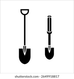 Silhueta de vetor de terra de pá de jardim em fundo branco. Design de ilustração de sinal de ícone de pá.