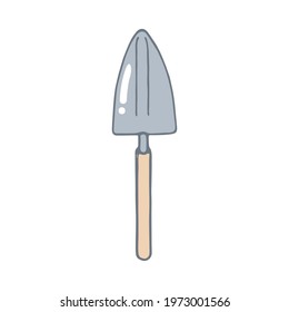 Garden shovel in doodle style. Gardening. Template for postcard, banner, poster, web design. Hand Drawn vector illustration.