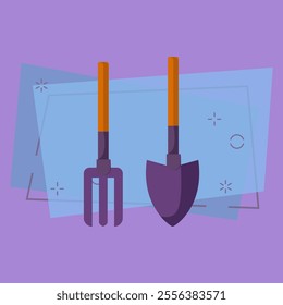 Garden shovel and fork. Spade and pitchfork with wooden handles. Agriculture attributes concept. Vector illustration can be used for topics like garden tools, farming, horticulture