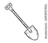 Garden shovel hand drawn in doodle style. Hobby gardening. Working tool for digging earth. Vector line art illustration.