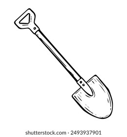 Garden shovel hand drawn in doodle style. Hobby gardening. Working tool for digging earth. Vector line art illustration.