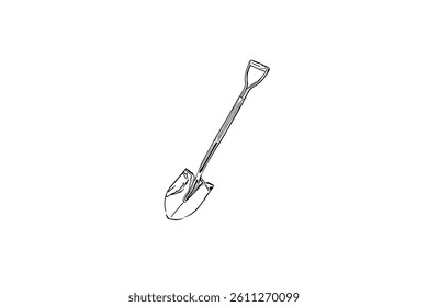 Garden shovel hand drawn in doodle style. Hobby gardening. Working tool for digging earth. Vector line illustration