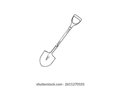 Garden shovel hand drawn in doodle style. Hobby gardening. Working tool for digging earth. Vector line illustration