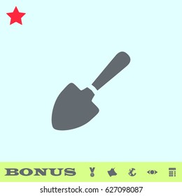 Garden shovel icon flat. Grey pictogram on blue background. Vector illustration symbol and bonus buttons medal, cow, earth, eye, calculator