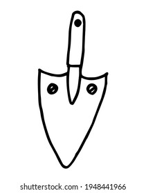 Garden shovel isolated on a white background. Garden scoop. Shovel for earthworks. A tool for digging and transplanting plants. Vector illustration in the Doodle style. Vector black and white doodle