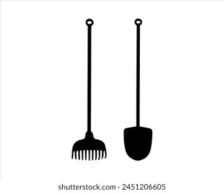 Garden shovel with leaf rake silhouette vector on white background