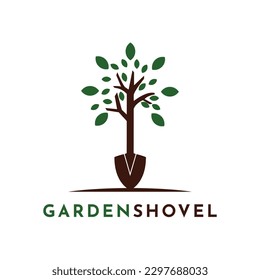 Gartenschaufel Logo-Design, Vektorgrafik mit Baumkonzept