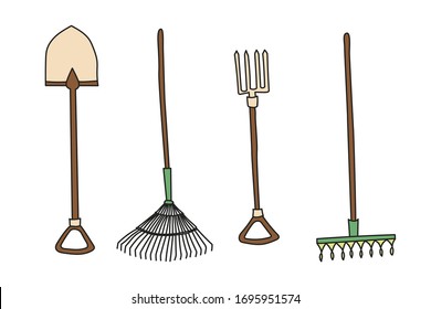 Garden shovel, pitchfork and rake. Hand drawn simple vector icon.