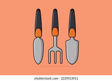 Ilustración vectorial de herramientas de palas y horquillas. Concepto de icono de objetos de herramientas de construcción y jardinería. Recogida de equipos de trabajo para el diseño de vectores de terrenos. Concepto de herramienta de trabajo agrícola.