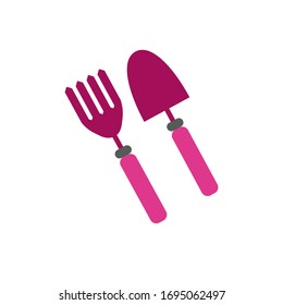 Garden shovel and rake fork isolated on white background. Equipment for digging and raking ground in flat style. Tools for farming and gardening, small spade.