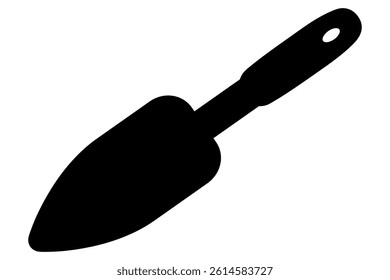 Garden shovel. Silhouette. Black scoop with handle and hanging hole. Vector illustration. Isolated white background. Idea for web design.