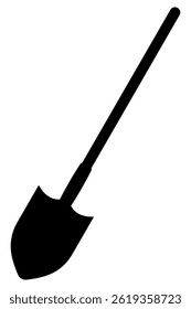 Garden shovel. Silhouette. Tool with a long handle for digging the ground. Vector illustration. Isolated white background. Idea for web design.