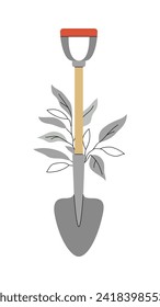 Garden shovel tool with abstract plant branch. Vector illustration isolated on white background. Modern flat design.