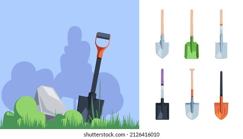 Garden shovel. Tools for gardening cultivation items agricultural collection garish vector colored illustrations set