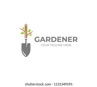 Garden shovel and tree with green leaves logo template. Gardening plant, garden tool vector design. Gardener logotype