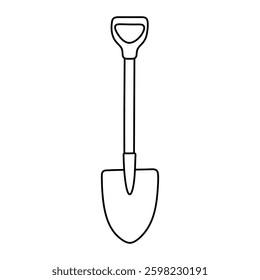 Garden shovel vector illustration. Hand-drawn digging spade icon in doodle style. Black line art isolated on white background.