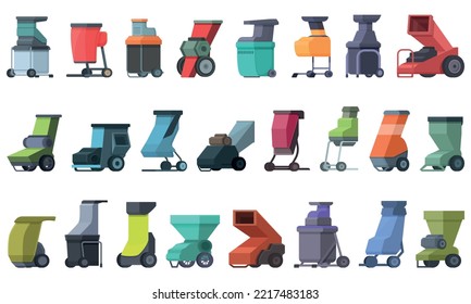 Garden shredder icons set cartoon vector. Wood tree. Work technology