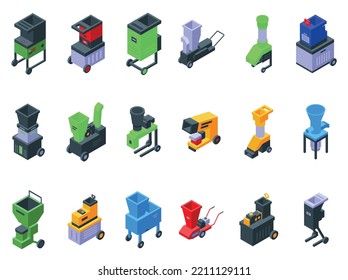 Garden Shredder Icons Set Isometric Vector. Wood Tree. String Mower