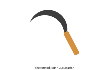 Garden sickle flat icon for web. Simple sickle sign vector design. Wooden handle sickle web icon isolated on white background. Mini scythe clipart logo. Gardening tools concept