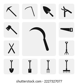 Icono de hojalata de jardín para la web. Silueta de icono de la web de signos de hoz simple. Diseño vectorial de icono negro sólido. Mini guión del logo. Conjunto de iconos de herramientas de jardín