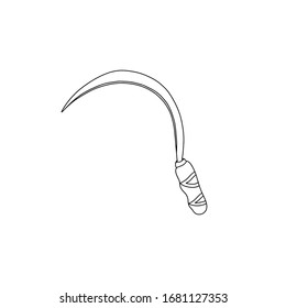 Garden sickle in hand drawn doodle style isolated on white background. Vector outline stock illustration. Sign gardening element. Coloring book. Tool for working in the garden and the vegetable garden