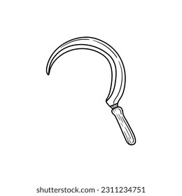 Garden sickle in hand drawn doodle style isolated on white background