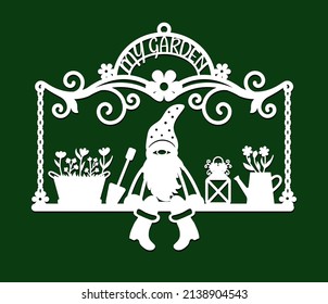 Garden sign, flowers and watering can. Decorative decoration for garden and home