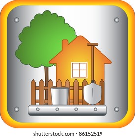 garden sign with house and garden tools