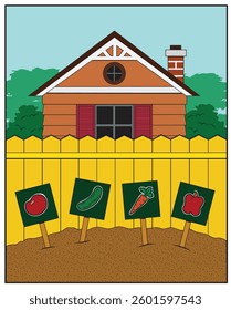 Garden signs in back of a small house.