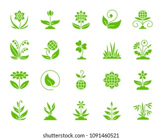 Garden silhouette icons set. Isolated web sign kit of flower. Plant monochrome pictogram collection includes sprout, growth, seedling. Simple garden symbol. Vector Icon shape for stamp