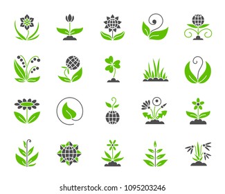 Garden silhouette icons set. Isolated on white web sign kit of flower. Plant pictogram collection includes chamomile, tulip, narcissus. Simple green and black garden symbol Vector Icon shape for stamp