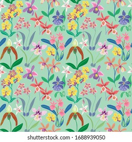 A garden in sky the full of blooming flower seamless pattern vector ,hand drawing style for fashion, fabric and all prints on sky background.