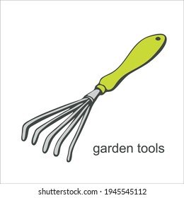 Garden small rake in doodle style on white background. Garden tools. Vector illustration.