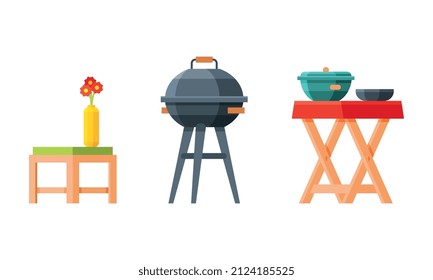 Garden Small Table And Grill Grid For Barbecue And Picnic Vector Set