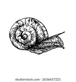 Garden snail hand drawn black white outline vector illustration. Slow crawling creature in spiral shell sketch for eco friendly packaging, naturalist prints. Invertebrate animal drawing engraving.