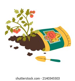 Garden soil for planting with tomato branch. Gardening equipment. Farmers craft. Home gardening, growing natural and ecological products. Flat style in vector illustration. Isolated element. 