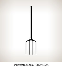 Garden Spading Fork  or Graip, Silhouette Pitchfork on a Light  Background, Agricultural Tool and Equipment, Black and White  Vector Illustration