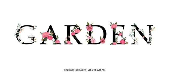 Jardín escrito en tipografía de temática floral con una intrincada mezcla de flores y Elementos botánicos. Ideal para proyectos de jardín, naturaleza o temática floral y marca.