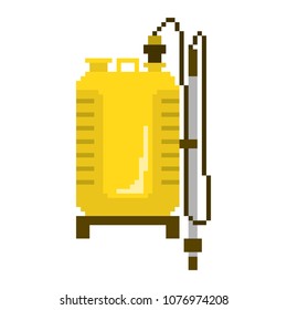 Garden sprayer in 8 bit game style. Pixel color vector illustration isolated on white background. Agricultural farm equipment