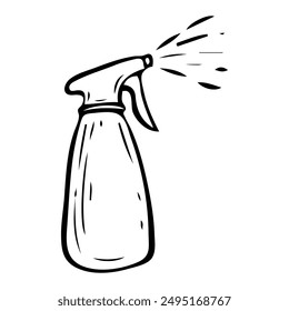 Garden sprayer hand drawn in doodle style. Hobby gardening. Spray bottle. Pest control. Addition of fertilizers. Gardener tool. Vector line art illustration.